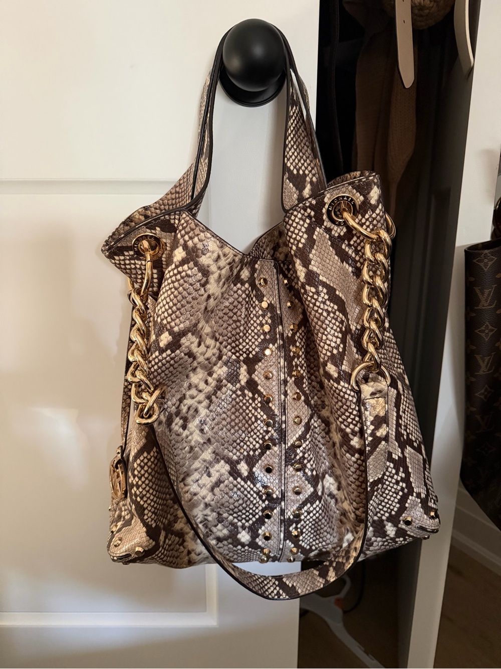 Michael Kors Python-Print Shoulder Tote in Taupe and Cream with Gold Chain